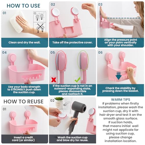 TAILI Shower Caddy Suction Cup 2 Pack, Heavy Duty Bathroom Organizer, Removable Shelves for Inside Shower, Shampoo, Waterproof Suction Plastic Storage for Bathroom Accessories Holder, Pink - style: 2 × Pink
