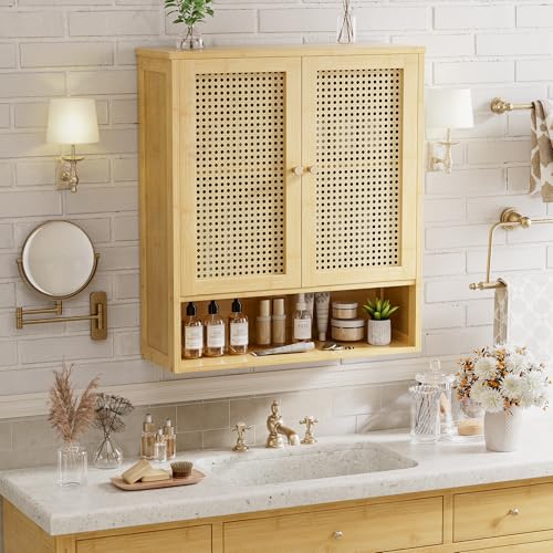 Bathroom Wall Cabinet, Bamboo Over-The-Toilet Storage Organizer with 2 Rattan Doors and Adjustable Shelf, Space Saver Medicine Cabinet for Laundry, Kitchen, Living Room (Natural) - color: Natural