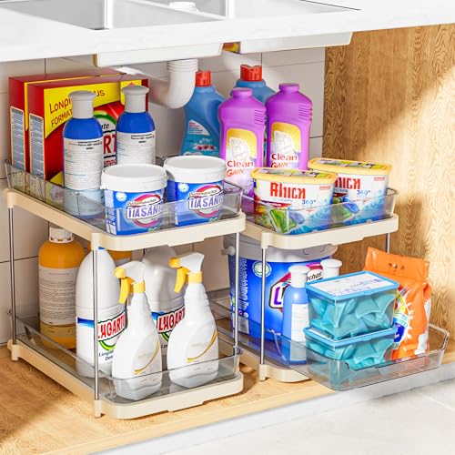 Delamu 2-Tier Multi-Purpose Bathroom Under Sink Organizers and Storage, Stackable Kitchen Pantry Organization, Pull Out Medicine Cabinet Organizer with Movable Dividers, Beige, 4 Pack - color: Beige, size: 4 Pack