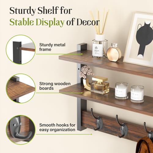 Two-Tier Wall Shelf with Hooks, 17" Coat Rack Wall Mount with Shelf, Key Hooks for Wall with Heavy Duty Double Hooks, Coat Hook Wall Mounted for Bedroom, Living Room, Rustic Brown - color: Brown-1 Pack