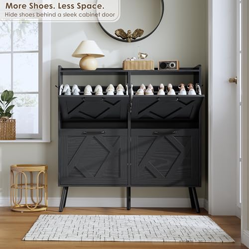 Nicetree Shoe Cabinet with 4 Flip Drawers, Hidden Shoe Rack Cabinet with Metal Legs, Farmhouse Narrow Shoe Storage Cabinet for Entryway, Foyer, Hallway, Black with Hook - color: Black, style: 4-Drawers