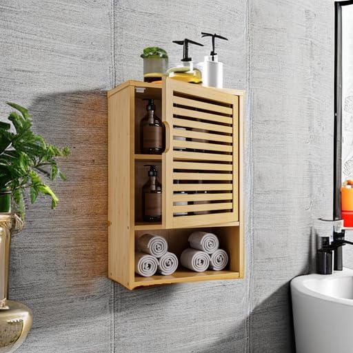 HITNET Bathroom Wall Cabinet, Medicine Cabinet Over the Toilet, Bamboo Hanging Storage Organizer with Single Door and Open Bottom Shelf, for Kitchen Living Room, Natural - color: Natural