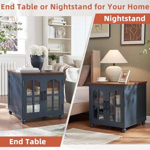 RWYHG Farmhouse End Table with Charging Station,24" Large Sofa Side Table with Glass Barn Door,Rustic Wood Night Stand with Adjustable Storage Shelf,Square Bedside Table for Living Room,Bedroom Office - color: Blue, size: Set 1