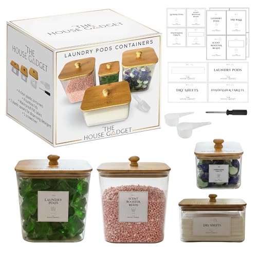 Laundry Pods Storage Container, Clear Laundry Room Organization and Storage,Detergent Powder Container,with Wooden Lids & Labels, 4 Pack