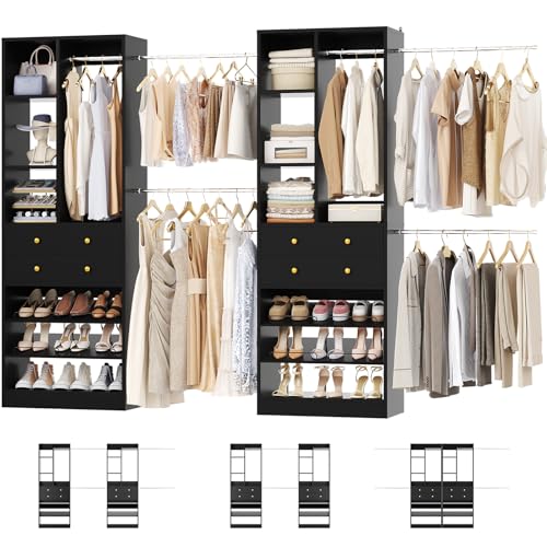 Besiost Closet System, Up to 134"/11.2 FT Closet Organizer with 4 Wooden Drawers and Shelves, Walk-in Closet System with 6 Hanging Rods, Built-in Closet Can Fit 96"/8FT, 120"/10FT, Black - color: Black, size: Style A: 77.6"—134"(W)
