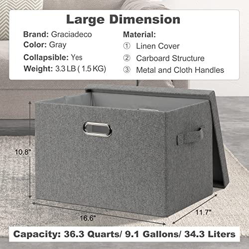 Graciadeco Large 17" 36 Quart Collapsible Stackable Storage Bins with Lids, 1 Pack Grey Foldable Fabric Closet Storage Boxes with Lids, 4 Handles Heavy-duty Linen Cube Baskets for Bedroom - color: Gray1, size: Large -1 Pack