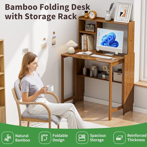 Bamboo Folding Desk for Small Spaces with Storage, Mid Century Foldable Desk with Bookshelf, Small Desks with Storage for Home Office Bedroom, Brown - color: Brown, size: 21.65"D x 40.55"W x 29.92"H