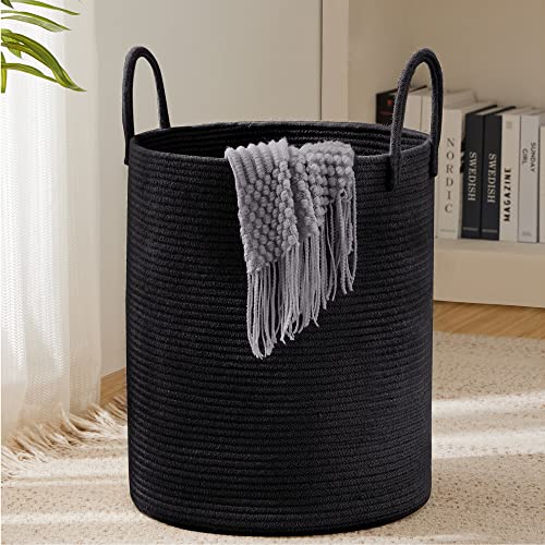 YOUDENOVA Woven Rope Laundry Hamper Basket, 58L Tall Laundry Basket, Baby Nursery Hamper for Blanket Storage in Bedroom-Large- Black - color: Black, size: Tall (58L )