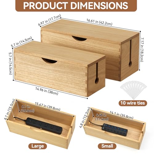KIRIGEN Wooden Cable Management Box Set of 2 - Solid Wood Large & Small Cord Organizer Hides Power Strips, Chargers & Wires for Desk, TV Stand, Home Office DXH2T-NA - color: Natural