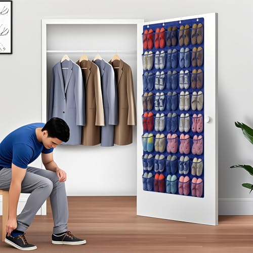 40-Pocket Over the Door Shoe Organizer - Large Mesh Pocket Hanging Shoe Organizer,Behind the Door Shoes Storage Holder Hanger - color: Navy Blue