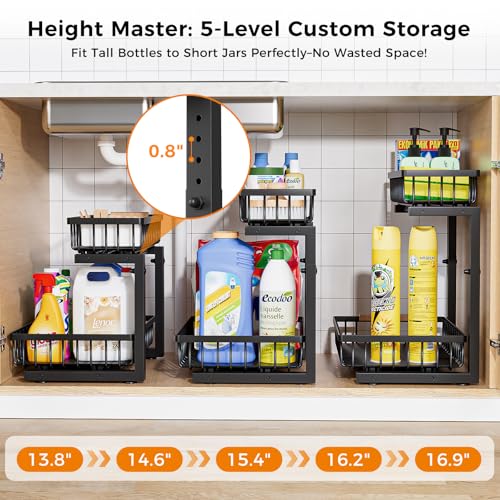 Under Sink Organizer,2 Pack Under Kitchen Sink Organizer,2 Tier Sliding-Out,5 Level Height Adjustable,Thickened Carbon Steel,Anti-Rust Treatment,for Kitchen Bathroom Black