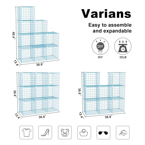 C&AHOME Wire Cube Storage, 9 - Cube Organizer Metal C Grids, Modular Shelves Units, Closet Organizer, Ideal for Home, Office, Living Room, 36.6”L x 12.4”W x 48.4”H, Blue UWCS3009B - color: Blue, size: 9 Cube