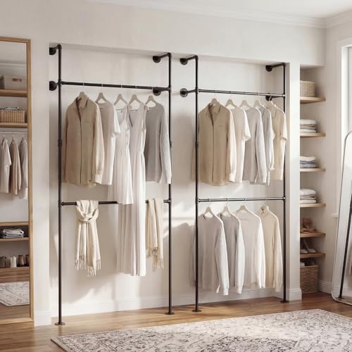 Giantex Industrial Pipe Clothing Rack, 42" Wall Mounted Heavy-Duty Metal Garment Organizer with 2 Hanging Rods, 2-Tier Walk-in Closet System for Wardrobe Closet, Retail Display - size: 42 Inches