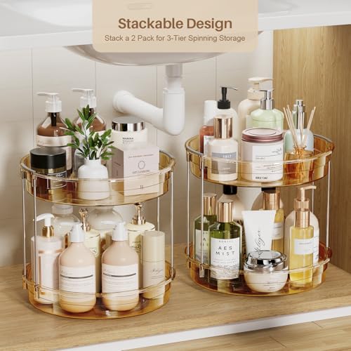 LAMU 2 Pack 2 Tier Lazy Susan Turntable Organizer 12'' Rotating Spice Rack Organization for Cabinet, Kitchen, Pantry, Countertop, Bathroom, Vanity, Medicine Cabinet Organizer, Amber - color: Amber, size: 12in 2Pack