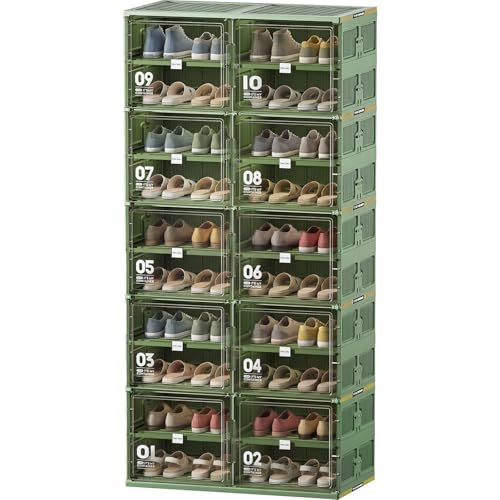 JEKO&JEKO 10 Tiers Green Foldable Shoe Rack Organizer for Entryway, Outdoor Front Door Shoe Storage Cabinet, Large Collapsible Shoe Box with Magnetic Doors, Holds Up to 40 Pairs - color: Double-row(Green), size: 10 Tiers
