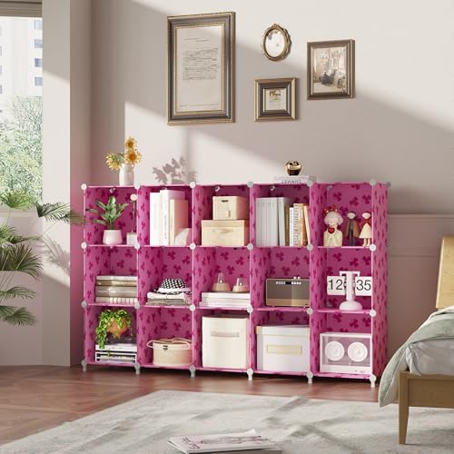 UNKU Cube Storage Organizer, 15 Cube Closet Organizer Storage Shelves, DIY Stackable Bookcase, Clothes Organizer Shelf for Closet, Bedroom, Living Room, Cabinet, Home, Office, Pink - color: Pink, size: 15cube