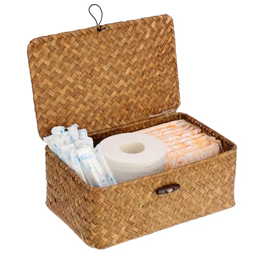 Sumnacon Wicker Basket with Lid Rectangle Woven Baskets for Toiletries Tampon Storage,Wicker Storage Basket with Lid,Decorative Seagrass Storage Baskets for Shelf Bathroom Toilet Table, Caramel - color: Caramel, size: Small