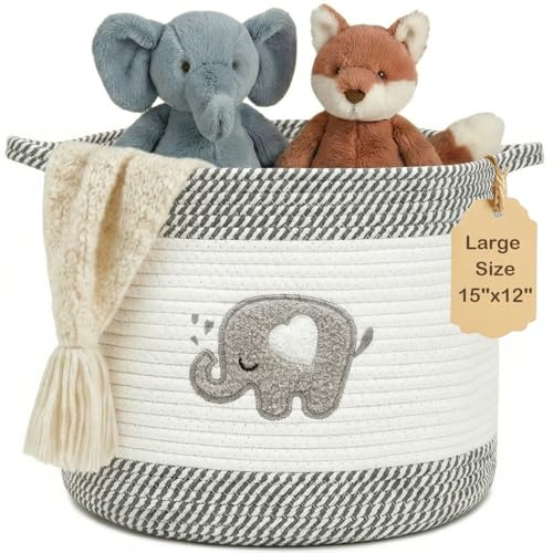 Baby Laundry Basket for Nursery, Baby Storage Baskets, Soft Foldable Cotton Rope Bin with Cute Embroidered Designs for Home Toys Organizer - color: Elephant