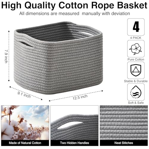ICERZCZ Small Storage Baskets for Shelves Organizing, Woven Cotton Rope Baskets for Storage, Book Basket, Decorative Shelf Basket, 12.5"Lx9.1''Wx7.9''H (4 Packs) Grey - color: Grey, size: 12.5"(l)×9.1"(w)×7.9"(h)