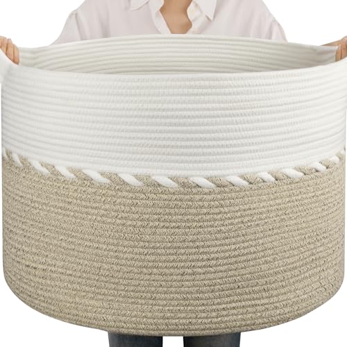 OIAHOMY 105L Blanket Basket for Living Room, Large Basket 23.6" x 23.6" x 14.6" with Handle, Laundry Hamper for Blankets, Pillows, Toy Storage for Kids, Dogs - Light Brown & White - color: Light Brown & White, size: 23.6" x 23.6" x 14.6"