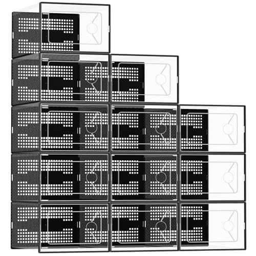 DUMOS Shoe Storage Boxes, 12-Pack Stackable Clear Shoe Containers with Lids, Display Sneaker Case Organizer for Closet, Under Bed, Entryway, Black (Fit Size 11) - color: Black, size: 12 PCS & Fit Size 11