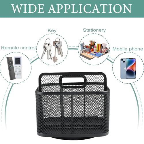 360° Rotating Remote Control Holder, Metal Mesh 5 Compartments Remote Caddy with Handle for Desk or Nightstand Storage, Space-Saving Desk Organizer Style Supply Organizers for Office Desk Accessories