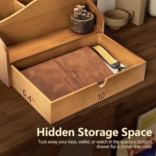 Pine Wood Mail Organizer For Desk - Rustic Mail Sorter With Drawer & Dividers 4-Slot Letter Sorter For File And Jewelry - Wooden Letter Holder For Desk Organization & Home Office Decor (Yellow) - color: A-Yellow