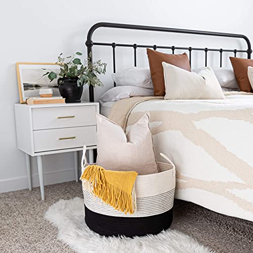 OrganiHaus Large Woven Storage Basket for Blankets and Toys 20" x 13" Inch, Rope Laundry Basket with Handles, Cushions & Pillows Storage Bin, Nursery Hamper, Soft Round Dog Toy Bin - Black/Off-White - color: 3-toned Black, size: Wide