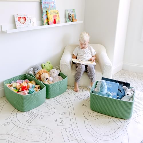 NaturalCozy Storage Baskets 16.8”x13”x7.6” Cotton Rope Woven Baskets for Organizing 3-Pack | Toy Storage Bins | Basket for Shelves, Laundry, Blanket, Clothes, Closet, Kitchen, Bathroom, Gifts - color: Green