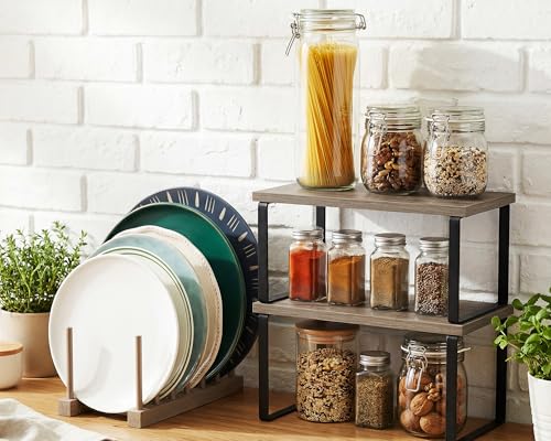 Marsui 4 Pcs Kitchen Organizer Accessories Set Cabinet Organizer Shelf and Bamboo Dish Drying Plate Rack Counter Shelves Storage Holder for Spice Rack, Dish, Pot Lid, Bowl, Cup (Gray) - color: Gray