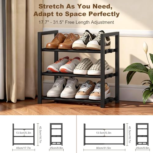Roylvan 3-Tire Expandable Shoe Rack for Closet, 17"-31" Adjustable Free Standing Shoe Shelf Storage Fits 6-12 Pairs Shoes, Heavy Duty Reinforced Metal Shoes Organizer for Entryway Doorway Dorm