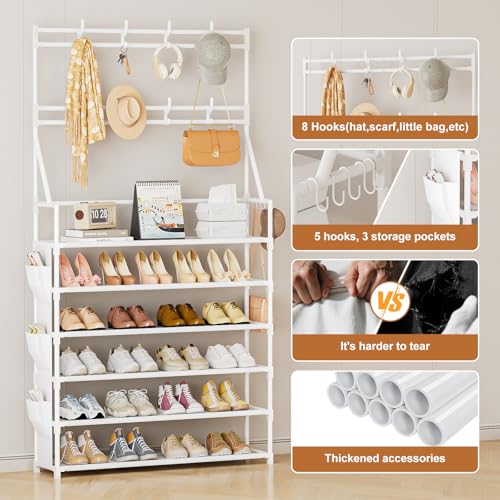 OYREL Shoe Rack 6 Tier Shoes Organizer 24-30 Pairs Shoe Racks for Closet Front Door Entrance Large Capacity Space Saving Shoe Storage Organizer with Multifunctional 5 Hooks and Side Pocket - color: White, size: 6 Tier