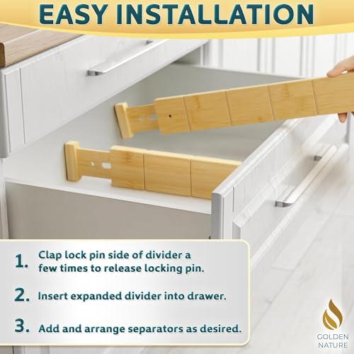 Bamboo Drawer Organizer - with Inserts & Labels, 17-22" - Adjustable Spring Loaded Kitchen Dividers for Utensils & Junk Storage - Expandable Silverware Separators for Organization