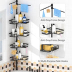 KEGII Shower Caddy Tension Pole with 2 Towel Bars, Corner Shower Organizer Shelves for Bathtub Shampoo Storage, Adjustable Shower Tension Rod with Razor Holder & Hooks - style: Tension Pole with 2 Towel Bars-Black