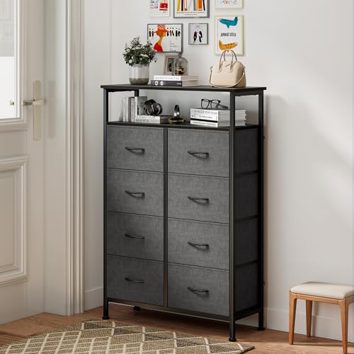 DUMOS Fabric Dresser for Bedroom with 8 Drawers, Tall 8-Drawer Chest of Drawers with Raised Shelf, Storage Tower with Fabric Bins for Closet Organization, Hallway Storage, Grey - color: Grey, size: 31.5"D x 45.9"W x 11.8"H (8 Drawers)