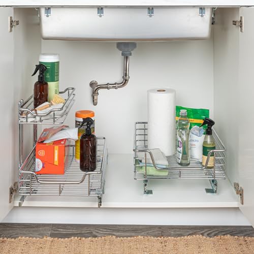 Household Essentials Glidez Multipurpose Chrome-Plated Steel Pull-Out/Slide-Out Storage Organizer for Under Sink or Under Cabinet Use - 2-Tier Design - Fits Standard Size Cabinet or Shelf, Chrome - size: 12.25" - Standard, style: Undersink
