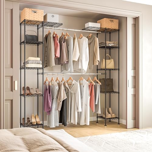 Seville Classics Closet Garment Organizer with Metal Hanging Rod Wardrobe Storage System, w/ Steel Shelves for Clothes, Shirts, Jackets, Coats, Blankets, Shoes, Satin Bronze, Expandable Rack - color: Satin Bronze