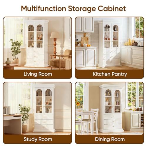 71" Modern Tall Bookcase and Bookshelf, Modern Storage Combination for Home Office or Study,and Living Room with Glass Door and Open Shelf Cabinets, White with Gold Handles, 4 of Set