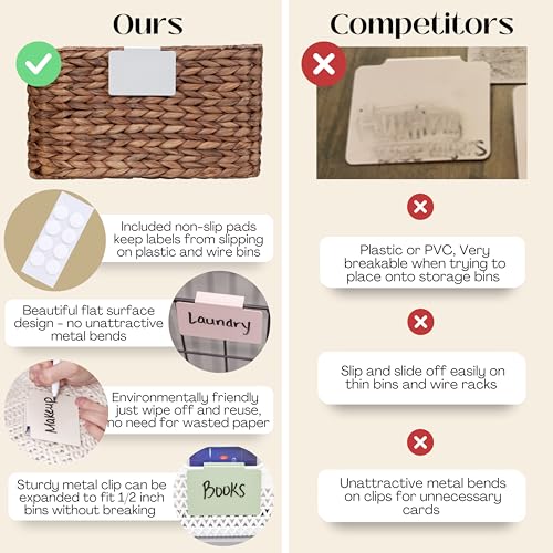 Hygge & Sage: Metal Non-Slip Basket Labels Clip On for Storage Bins, or Wire Racks | Includes 8 Labels, 8 Non-Slip Pads, and 1 Free Marker (White) - color: White