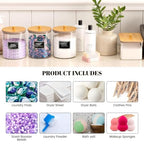 2+1 Pack Glass Laundry Pods Container & Acrylic Dryer Sheet Holder, Clear Laundry Room Organization Containers with Bamboo Lids & Labels, Powder Laundry Detergent Container for Scent Booster, Powder - size: 2+1 Pack