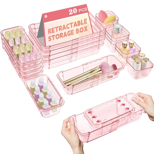 20 Pcs Clear Drawer Organizer, Adjustable Drawer Storage Box, 3-Size Desk Drawer Organizer, Acrylic Storage Bins for Makeup, Kitchen Utensils, Bedroom Dressers Tool Organizer for Gadgets, Pink - color: Pink, size: 20PCS