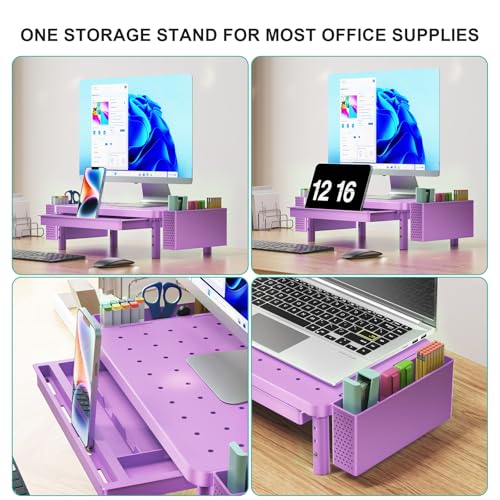 WALI Computer Monitor Stand with Storage, Desk Organizer with Drawer and Pen Holder, Desk Monitor Riser 3 Height Adjustable, Laptop Riser for Laptop, Printer (PTT003-V), 1 Pack, Violet - color: Violet, size: with Drawer and Pen Holder