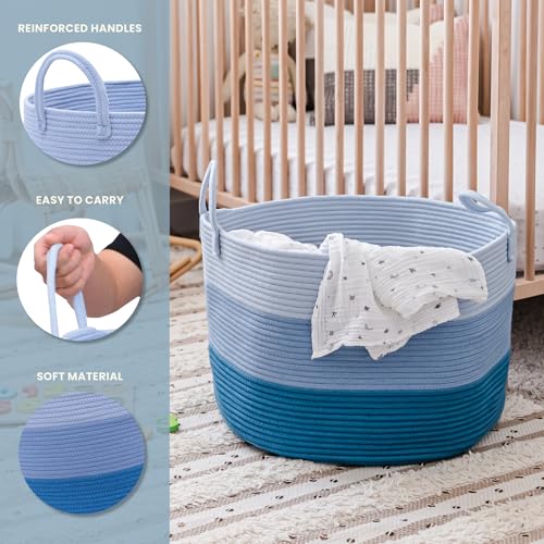 OrganiHaus Large Woven Storage Basket for Blankets and Toys 20" x 13" Inch, Rope Laundry Basket with Handles, Cushions & Pillows Storage Bin, Nursery Hamper, Soft Round Dog Toy Bin - Blue - color: 3-toned Blue, size: Wide