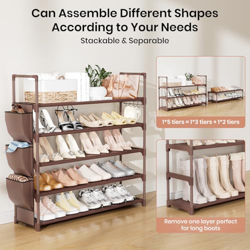 VILICK Shoe Rack for Closet Shoe Organizer Space Saver Storage for 20-25 Pair Shoe Shelf with Hook and Side Pocket Free Standing 5 Tier Shoe Rack Organizer for Entryway,Small Spaces, Brown - color: Brown, size: 33.5"W - 5 Tier