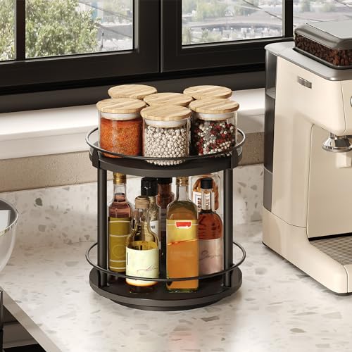 YATINEY Lazy Susan Organizer, Rotating Spice Rack, 2 Tier Spice Turntable Organizer, Industrial Turntable Spice Holder, for Kitchen Countertop and Cabinet, Compact and Versatile, Black SR22BK - color: Black, size: 10.2"L x 10.2"W x 11"H