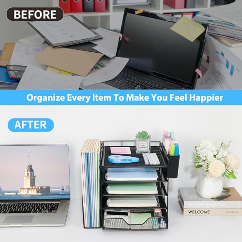 Desk Organizer, 5-Tier Paper Letter Tray Organizer with File Holder, Drawer and Pen Holder, Desktop Organizer for Office Supplies, Black - color: Black