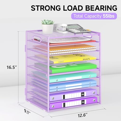 Cawukege 9 Tier Paper Organizer with Handle, Purple Large Capacity Desk Organizer Mesh File Folder Letter Paper Tray Desktop Document Sorter for Classroom, School, and Office Accessories Organization - color: 1 Pack - Purple
