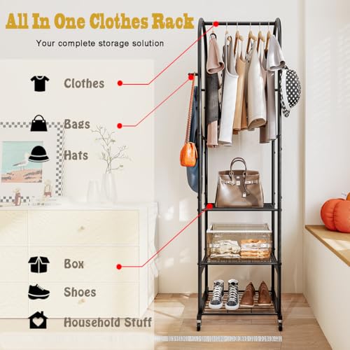 SUOERNUO Clothes Rack With Wheels and 3-Tier Metal Shelves,Clothing Rack For Hanging Clothes With 4 Hooks,Garment Rack Wardrobe Organizer for Small Space,Black (black, 16.54 * 18.23 * 72.05) - color: black