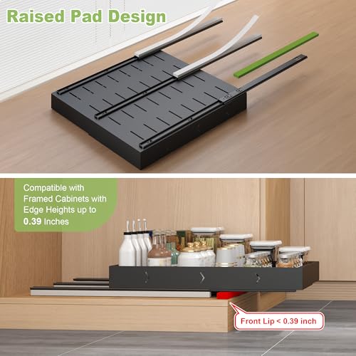 2-Pack-Expandable-Pull-Out-Cabinet-Organizers For Kitchen, Adjustable Slide Out No Drill Adhesive Drawers With Raising Pad For Framed Cabinet, Heavy Duty Sliding Roll Out Shelves Inside Cabinet - color: Black