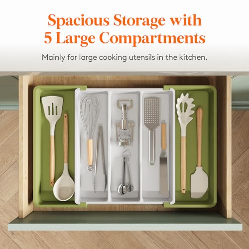 Lifewit Utensil Organizer for Kitchen Drawers, Expandable Cooking Utensil Tray, Adjustable Cutlery Silverware Flatware Holder, Plastic Spatula Tools Storage Divider, 13-22 x 15", Green&White - color: Green&White, size: Large(13-22''W x 15"D)